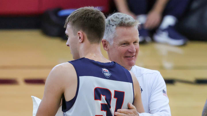 2024 USAB Men's Training Camp in Las Vegas; Duke basketball forward Cooper Flagg talks with USA basketball head coach Steve Kerr