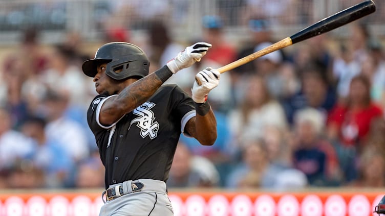 Jul 21, 2023; Minneapolis, Minnesota, USA; Chicago White Sox shortstop Tim Anderson (7) hits a RBI