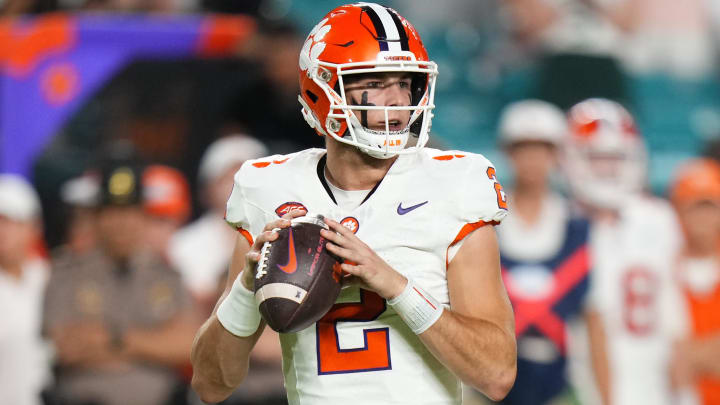 Oct 21, 2023; Miami Gardens, Florida, USA; Clemson Tigers quarterback Cade Klubnik throws a pass against the Miami Hurricanes during the first quarter at Hard Rock Stadium.