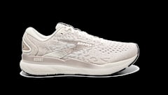 Side view of a white Brooks Running shoe.