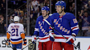 Mar 3, 2025; New York, New York, USA; New York Rangers left wing Will Cuylle (50) reacts after scoring a goal against the New York Islanders during the first period at Madison Square Garden. Mandatory Credit: Brad Penner-Imagn Images