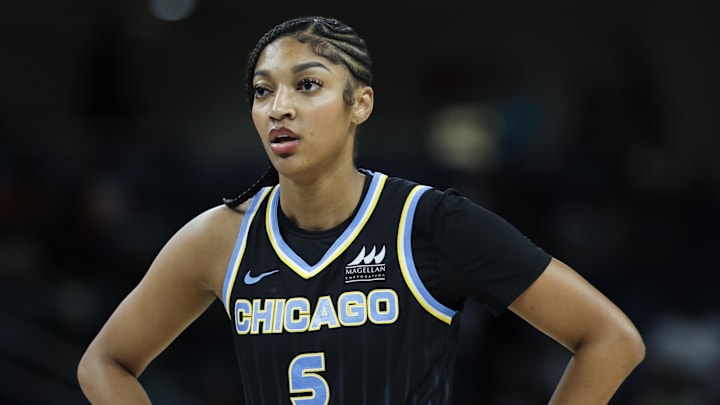 Aug 19, 2025; Chicago, Illinois, USA; Chicago Sky forward Angel Reese (5)looks on during the first half of a WNBA game against the Seattle Storm at Wintrust Arena. Mandatory Credit: Kamil Krzaczynski-Imagn Images