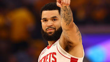 Apr 28, 2025; San Francisco, California, USA; Houston Rockets guard Fred VanVleet (5) points during the first quarter of game four of the 2025 NBA Playoffs first round against the Golden State Warriors at Chase Center. Mandatory Credit: Kelley L Cox-Imagn Images