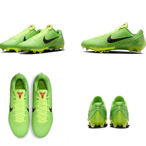 Multiple views of Kobe Bryant's green Nike soccer cleats.