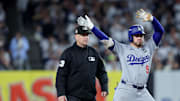 Oct 29, 2024; New York, New York, USA; Los Angeles Dodgers second baseman Gavin Lux (9) celebrates after hitting a double during the second inning in game four of the 2024 MLB World Series against the New York Yankees at Yankee Stadium. 
