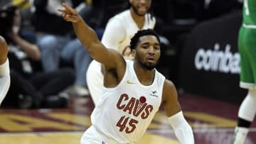 Cleveland Cavaliers guard Donovan Mitchell (45) celebrates.