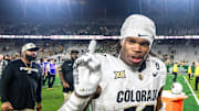 CU football standout athlete Travis Hunter flashes a No. 1 with his finger after a win against CSU in the Rocky Mountain Showdown at Canvas Stadium on Saturday, Sept. 14, 2024, in Fort Collins, Colo.