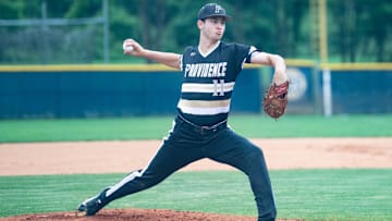 Providence's Michael Forret (11) pitches during their game at Roberson on May 27, 2022. The Providence Panthers defeated the Roberson Rams 3-0.