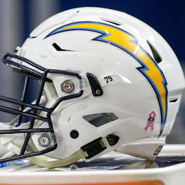 Oct 23, 2016; Atlanta, GA, USA; San Diego Chargers helmet on the sidelines against the Atlanta Falcons in the third quarter at the Georgia Dome. The Chargers defeated the Falcons 33-30 in overtime. Mandatory Credit: Brett Davis-Imagn Images