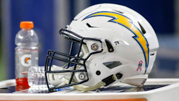 Oct 23, 2016; Atlanta, GA, USA; San Diego Chargers helmet on the sidelines against the Atlanta Falcons in the third quarter at the Georgia Dome. The Chargers defeated the Falcons 33-30 in overtime. Mandatory Credit: Brett Davis-Imagn Images