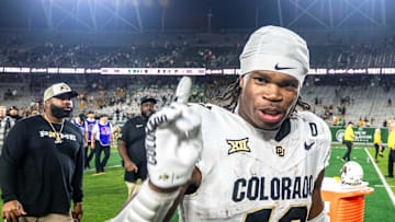 CU football standout athlete Travis Hunter flashes a No. 1 with his finger after a win against CSU in the Rocky Mountain Showdown at Canvas Stadium on Saturday, Sept. 14, 2024, in Fort Collins, Colo.