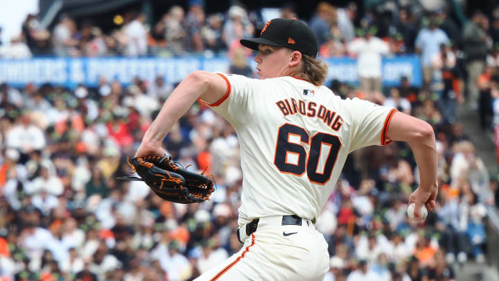 Aug 11, 2024; San Francisco, California, USA; San Francisco Giants starting pitcher Hayden Birdsong (60) pitches the ball against the Detroit Tigers during the third inning at Oracle Park.