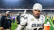 CU football standout athlete Travis Hunter flashes a No. 1 with his finger after a win against CSU in the Rocky Mountain Showdown at Canvas Stadium on Saturday, Sept. 14, 2024, in Fort Collins, Colo.