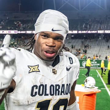 CU football standout athlete Travis Hunter flashes a No. 1 with his finger after a win against CSU in the Rocky Mountain Showdown at Canvas Stadium on Saturday, Sept. 14, 2024, in Fort Collins, Colo.