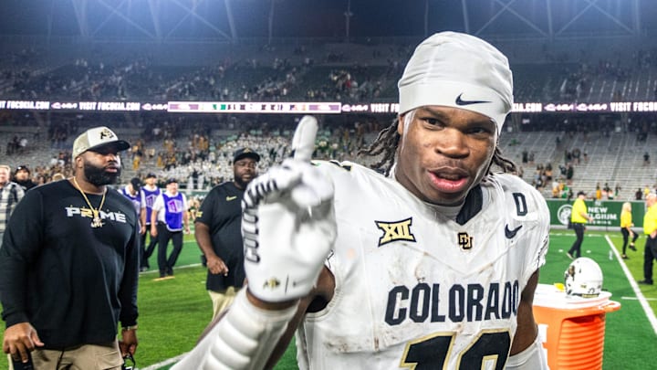 CU football standout athlete Travis Hunter flashes a No. 1 with his finger after a win against CSU in the Rocky Mountain Showdown at Canvas Stadium on Saturday, Sept. 14, 2024, in Fort Collins, Colo.