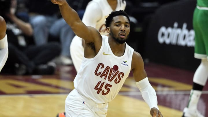 May 11, 2024; Cleveland, Ohio, USA; Cleveland Cavaliers guard Donovan Mitchell (45) celebrates after making a three-point basket against the Boston Celtics in the first quarter of game three of the second round of the 2024 NBA playoffs at Rocket Mortgage FieldHouse. Mandatory Credit: David Richard-USA TODAY Sports