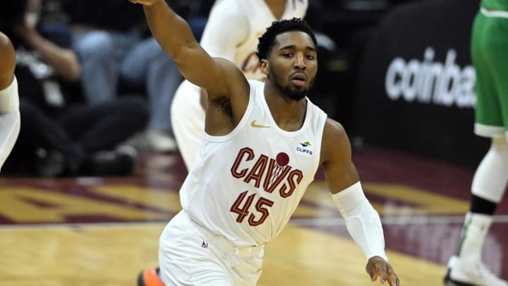 May 11, 2024; Cleveland, Ohio, USA; Cleveland Cavaliers guard Donovan Mitchell (45) celebrates after making a three-point basket against the Boston Celtics in the first quarter of game three of the second round of the 2024 NBA playoffs at Rocket Mortgage FieldHouse.