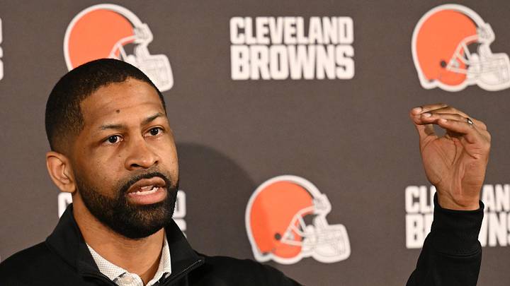 Feb 3, 2026; Berea, OH, USA; Executive vice president, football operations and general manager  Andrew Berry speaks to the media during a press conference to introduce new head coach Todd Monken at CrossCountry Mortgage Campus. Mandatory Credit: Ken Blaze-Imagn Images