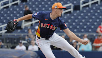 Feb 22, 2025; West Palm Beach, Florida, USA;Houston Astros left hand pitcher Brandon Walter throws a pitch in the fourth inning against the Washington Nationals at CACTI Park of the Palm Beaches. Mandatory Credit: Reinhold Matay-Imagn Images