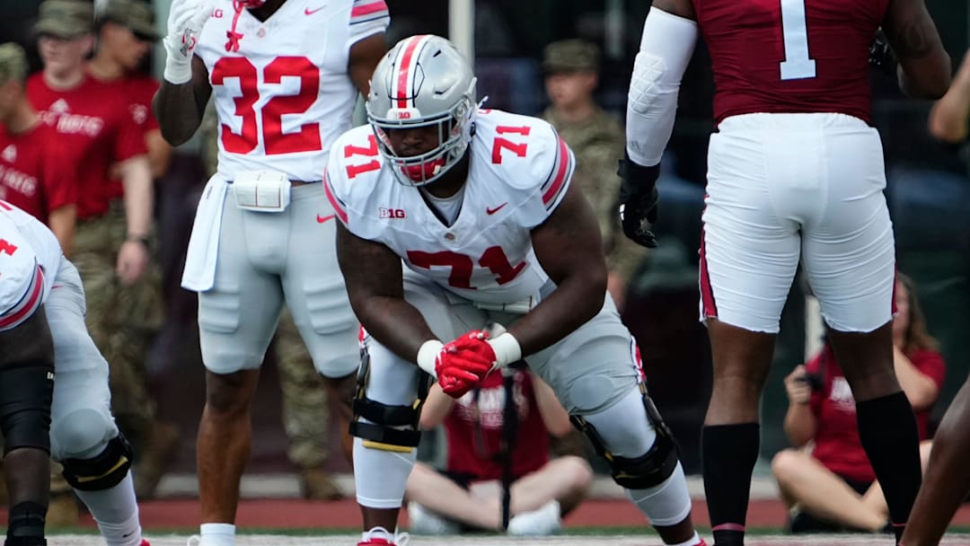 Sep 2, 2023; Bloomington, Indiana, USA; Ohio State Buckeyes offensive lineman Josh Simmons (71) lines up during the NCAA football game at Indiana University Memorial Stadium. Ohio State won 23-3.