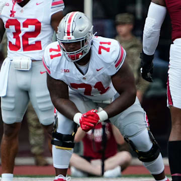 Sep 2, 2023; Bloomington, Indiana, USA; Ohio State Buckeyes offensive lineman Josh Simmons (71) lines up during the NCAA football game at Indiana University Memorial Stadium. Ohio State won 23-3.
