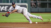 Boston Red Sox third baseman Rafael Devers (11) can not handle Houston Astros third baseman Alex Bregman (2) (not pictured) stand up double line drive in the seventh inning at Minute Maid Park. 