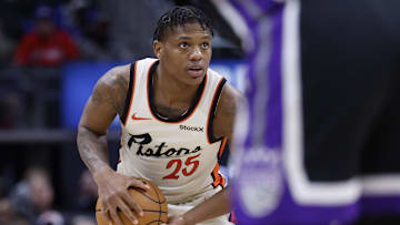 Apr 7, 2025; Detroit, Michigan, USA;  Detroit Pistons guard Marcus Sasser (25) dribbles in the second half against the Sacramento Kings at Little Caesars Arena. Mandatory Credit: Rick Osentoski-Imagn Images