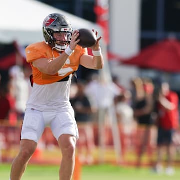 Jul 31, 2025; Tampa, FL, USA; Tampa Bay Buccaneers quarterback Baker Mayfield (6) participates in training camp at AdventHealth Training Center. Mandatory Credit: Nathan Ray Seebeck-Imagn Images