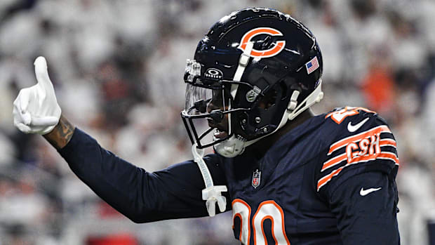 Chicago Bears cornerback Tyrique Stevenson (29) reacts after an interception