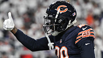 Tyrique Stevenson signals across to defensive teammates against the Vikings. Stevenson is one of the Bears' secondary questions.