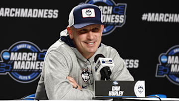 Mar 27, 2024; Boston, MA, USA; Connecticut head coach Dan Hurley smiles at a reporters question at a press conference before their practice in preparation for their East semifinal game against San Diego State at TD Garden. Mandatory Credit: Winslow Townson-Imagn Images