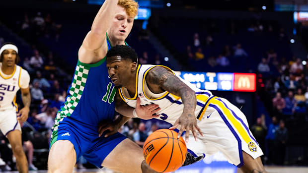 LSU guard Cam Carter fights for position against Florida Gulf Coast forward Michael Duax.