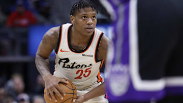 Detroit Pistons guard Marcus Sasser (25) dribbles in the second half against the Sacramento Kings at Little Caesars Arena. 