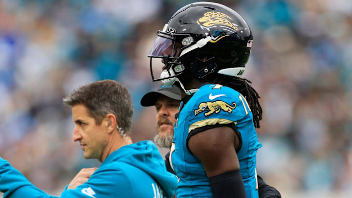Jacksonville Jaguars wide receiver Brian Thomas Jr. (7) walks off the field after being hit during the second quarter of an NFL football matchup at EverBank Stadium, Sunday, Jan. 4, 2026, in Jacksonville, Fla. The Jaguars defeated the Titans 41-7, capturing the AFC South title. 