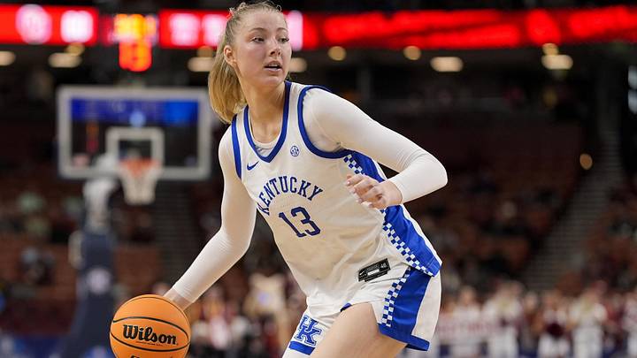 Mar 7, 2025; Greenville, SC, USA;  Kentucky Wildcats center Clara Strack (13) handles the ball against the Oklahoma Sooners during the second half at Bon Secours Wellness Arena. Mandatory Credit: Jim Dedmon-Imagn Images