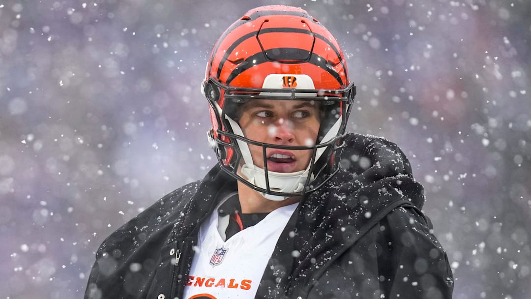 Cincinnati Bengals quarterback Joe Burrow (9) paces during an official review in the second quarter of the NFL Week 14 game between the Buffalo Bills and the Cincinnati Bengals at Highmark Stadium in Orchard Park, N.Y., on Sunday, Dec. 7, 2025.