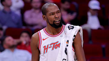 Nov 12, 2025; Houston, Texas, USA; Houston Rockets forward Kevin Durant (7) on the bench against the Washington Wizards during the fourth quarter at Toyota Center. Mandatory Credit: Erik Williams-Imagn Images