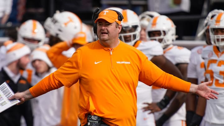 Tennessee head coach Josh Heupel disputes a call during the second quarter at FirstBank Stadium in Nashville, Tenn., Saturday, Nov. 30, 2024.