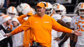 Tennessee head coach Josh Heupel disputes a call during the second quarter at FirstBank Stadium in Nashville, Tenn., Saturday, Nov. 30, 2024.