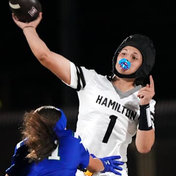 Hamilton quarterback Marlie Phillips (1) has thrown for nearly 6,000 yards and 103 touchdowns this season. The prolific sophomore looks to lead the Huskies to their second consecutive state title against Red Mountain Saturday night. 