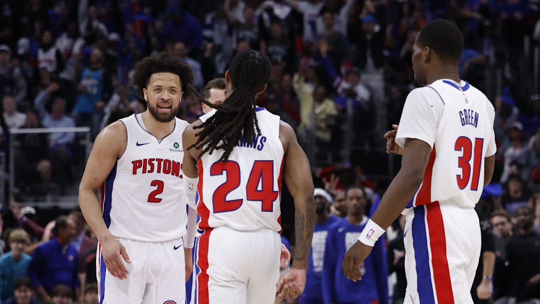 May 3, 2026; Detroit, Michigan, USA; Detroit Pistons guard Daniss Jenkins (24) receives congratulations from guard Cade Cunningham (2) during the second half against the Orlando Magic during game seven of the first round of the 2026 NBA Playoffs at Little Caesars Arena. Mandatory Credit: Rick Osentoski-Imagn Images