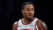 Nov 17, 2025; Miami, Florida, USA; New York Knicks guard Miles McBride (2) looks on against the Miami Heat during the third quarter at Kaseya Center. Mandatory Credit: Sam Navarro-Imagn Images