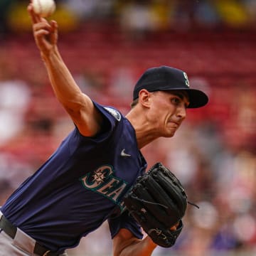 Seattle Mariners starting pitcher George Kirby throws a pitch against the Boston Red Sox on July 31 at Fenway Park.