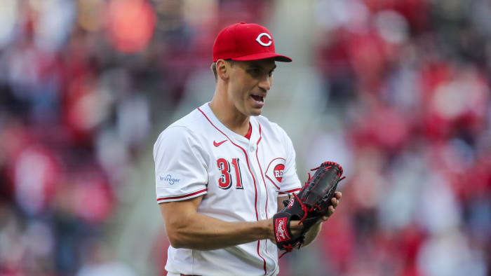 Mar 28, 2024; Cincinnati, Ohio, USA; Cincinnati Reds relief pitcher Brent Suter (31) reacts after