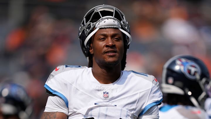 Tennessee Titans wide receiver DeAndre Hopkins (10) goes through warmups before their game against the Chicago Bears at Soldier Field in Chicago, Ill., Sunday, Sept. 8, 2024.