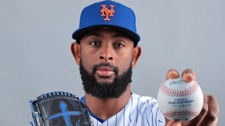 Feb 19, 2026; Port St. Lucie, FL, USA; New York Mets pitcher Anderson Severino (80) poses for a photo during media day at Clover Park. Mandatory Credit: Sam Navarro-Imagn Images