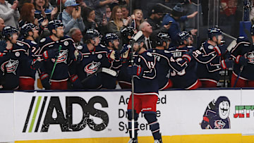 Feb 25, 2025; Columbus, Ohio, USA; Columbus Blue Jackets center Adam Fantilli (19) celebrates his goal against the Dallas Stars during the third period at Nationwide Arena. Mandatory Credit: Russell LaBounty-Imagn Images