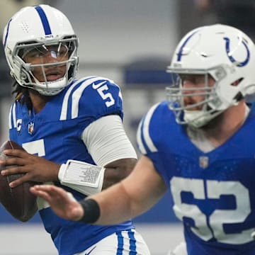 Indianapolis Colts quarterback Anthony Richardson (5) drops back to pass as he is protected by center Wesley French (62) during game action against the Los Angeles Rams on Sunday, Oct. 1, 2023, in Indianapolis.