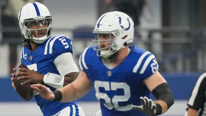 Indianapolis Colts quarterback Anthony Richardson (5) drops back to pass as he is protected by center Wesley French (62) during game action against the Los Angeles Rams on Sunday, Oct. 1, 2023, in Indianapolis.