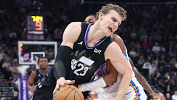 Feb 21, 2025; Salt Lake City, Utah, USA; Utah Jazz forward Lauri Markkanen drives with the ball against the Oklahoma City Thunder during the second half at Delta Center. Mandatory Credit: Rob Gray-Imagn Images